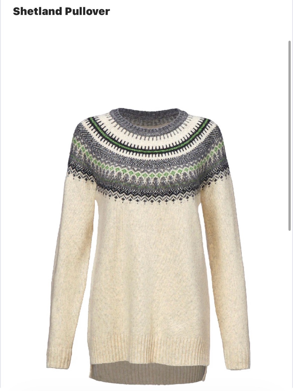 CAbi Shetland Pullover Cream Sweater with Gray and Green Yoke